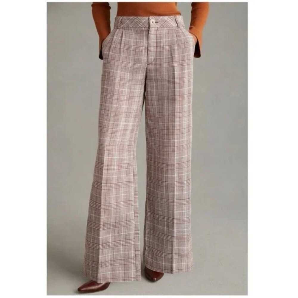 Anthropologie Maeve Pleated Wide Leg Linen-Blend Plaid Trousers, Brown Motif